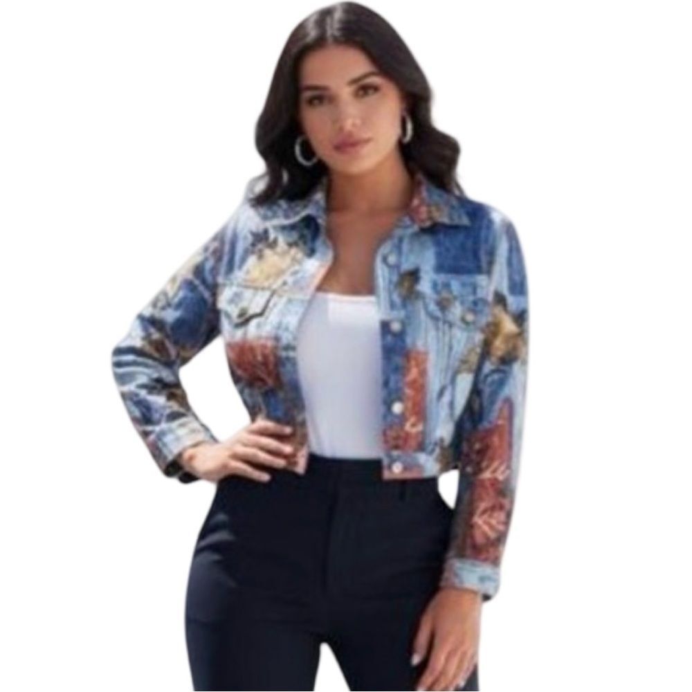 🛍️ LORRAINE WARDY Opal Vintage Blue Leaf Button Up Crop country Jacket Sm - Picture 3 of 11